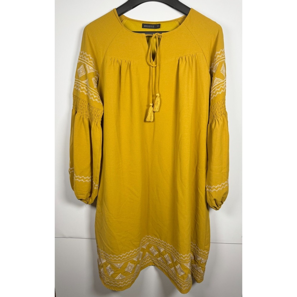 Mikarose Mini Dress Womens XS Mustard Yellow Embroidered Tassel Tie Neck Pleated